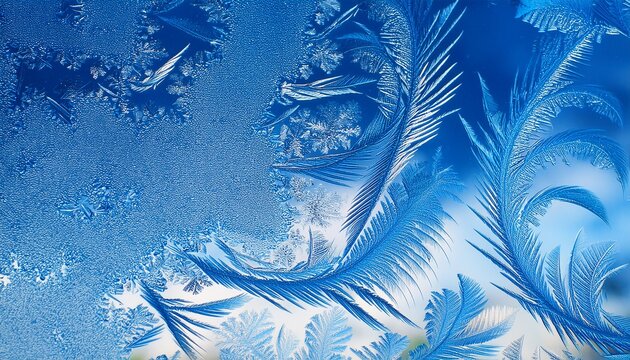 frost on frozen window blue sky freezing ice crystals texture abstract background