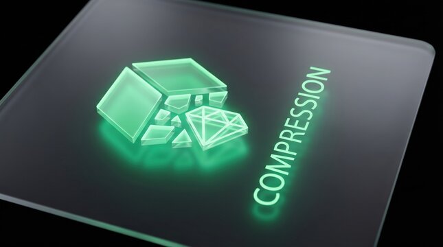 Digital data compression abstract concept represented by glowing geometric shapes and the word compression
