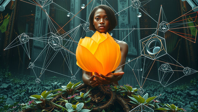 Portrait of a Model Holding a Giant Orange Flower Against a Geometric, Surreal Background