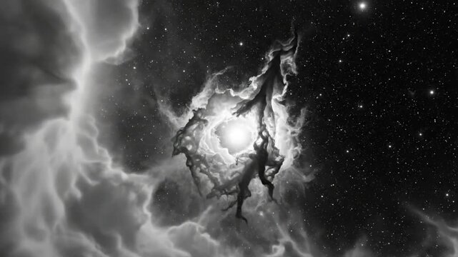 Black and white nebula with bright center surrounded by star-filled space and musical soundtrack
