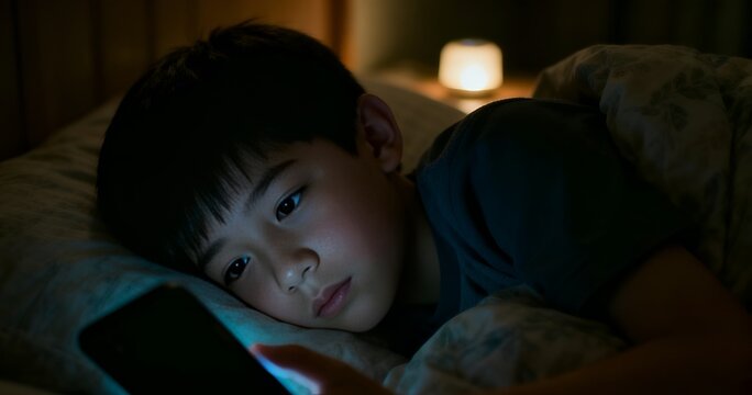 Addicted Child Watching Mobile Screen Alone in Darkness Showing Excessive Phone Usage at Night