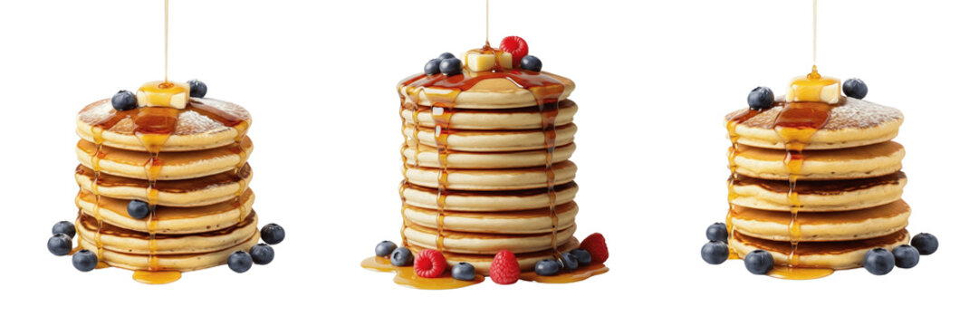 Hot Pancakes Drizzled with Maple Syrup and Berries for Breakfast Branding, Sweet Dessert, and Realistic Food Texture Graphic Design Assets for Food.