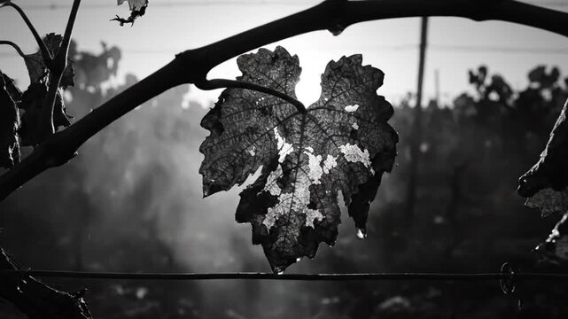 Black and White Close Up of a Grape Vine Leaf Illuminated by Sunlight with Water Droplets
