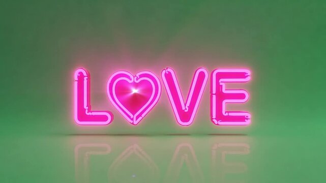 Pink neon LOVE sign with a heart shape in the letter O, glowing brightly against a smooth green background with subtle reflections.