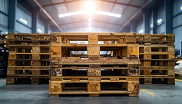 A tall stack of aged wooden shipping pallets sitting on the concrete floor inside a vast industrial warehouse facility with bright overhead lighting.
