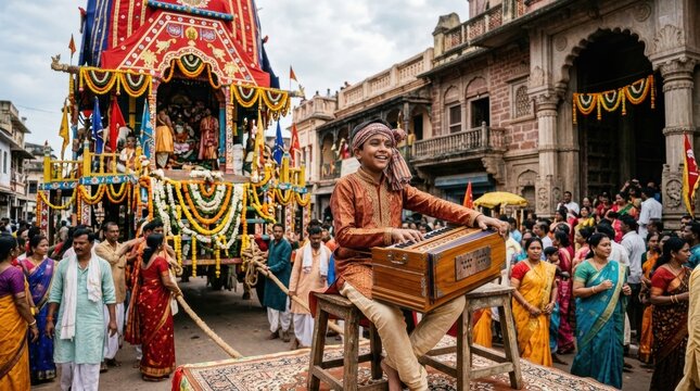 Vibrant chariot festival procession with harmonium player and colorful crowd for cultural banner and event background design