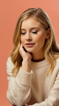 This features a calm woman with blonde hair smiling softly in a serene setting. She is positioned in front of a peach background, exuding a sense of peace and tranquility. Her gentle expression and