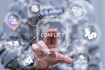 Naklejka premium Concept of military conflict. War and peace USA negotiation and settlement.