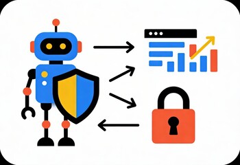 Fototapeta premium A colorful illustration of a robot symbolizing cybersecurity with a shield protecting data visualizations and a padlock representing secure technology infrastructure