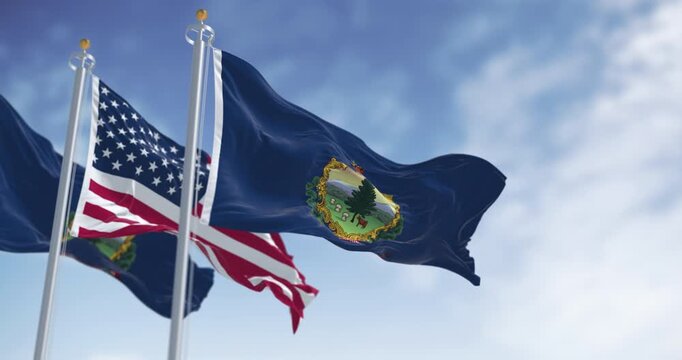 Vermont and the american flags waving in the wind. Blue background with State coat of arms and motto. Seamless 3d render animation. Slow motion loop. Selective focus