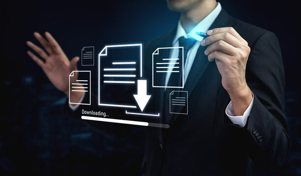 Visual representation of digital document downloading, showing file transfer, data access, and progress status for secure and efficient information retrieval Vouch