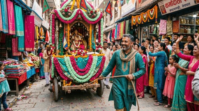 Colorful religious festival street procession with decorated chariot pulled through market for cultural event banner and celebration background