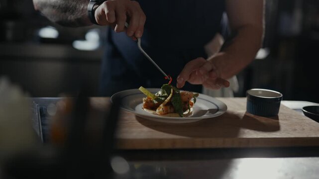 Cooking artistically plates a dish with precision. Taps into culinary creativity with focused concentration. Ideal for restaurant, foodie, or gourmet lifestyle content