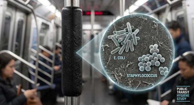 Vivid illustration of bacteria, viruses, and germs covering the surface of a subway handrail or hanging strap, representing public transport hygiene and fomite risk