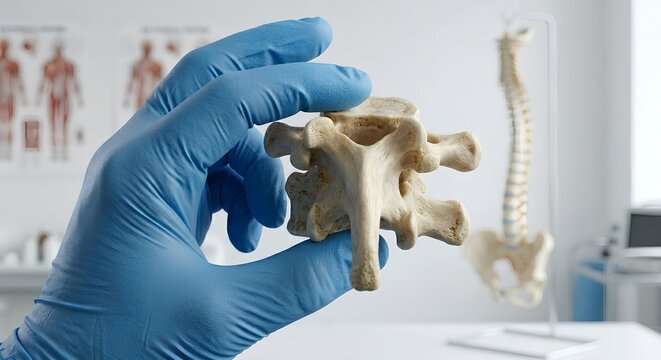 Blue-gloved hand holding a detailed human vertebrae model, representing spinal anatomy education and orthopedic training