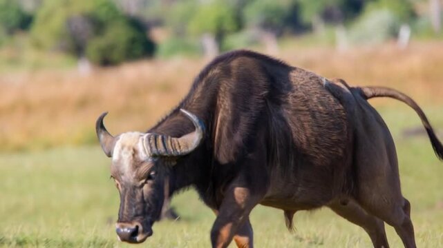 A powerful Cape buffalo strides confidently across the African savanna, its robust form and imposing horns dominating the landscape.