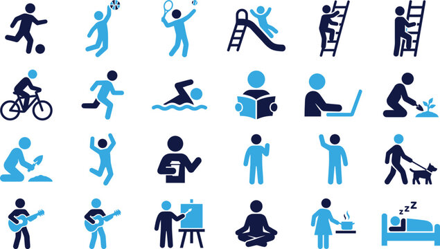 Collection of blue and dark blue icons representing people and everyday activities.