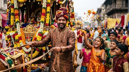 Fototapeta premium Man in ornate traditional attire leading decorated chariot while children throw flower petals during festival parade for poster and banner design