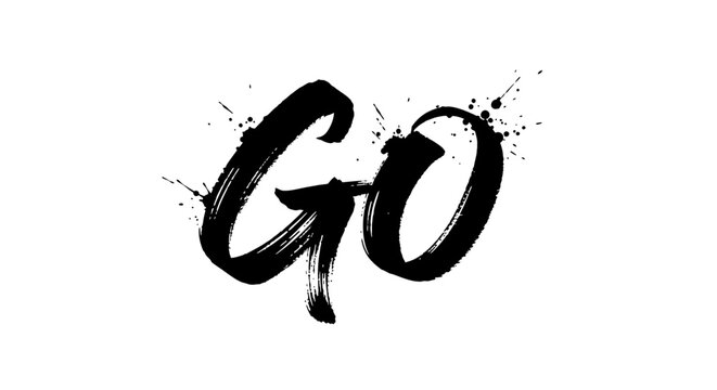 Artistic black "GO" text in a dynamic brush stroke style with ink splatters on an isolated white background.