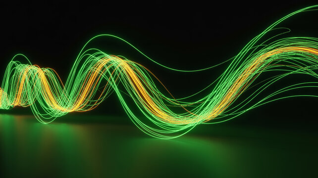 A dynamic, interwoven wave pattern formed by numerous thin, glowing green and orange strands a .