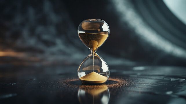 A graceful clear glass hourglass stands on a dark, reflective surface, showcasing golden sand almost finished flowing from the top chamber.