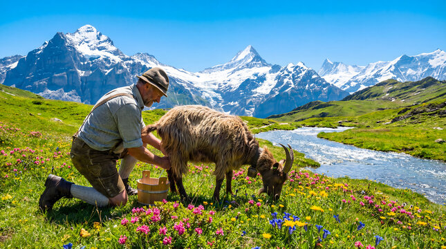 Traditional Alpine herdsman milking a goat on a wildflower meadow with snow-capped mountains