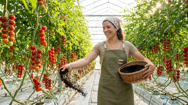 Smiling female farmer applying frass fertilizer to tomato plants in greenhouse