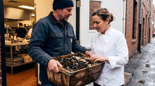 Chef inspecting fresh oyster delivery from farmer at restaurant back entrance