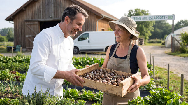 Chef and farmer sharing a crate of fresh snails at an organic snail farm