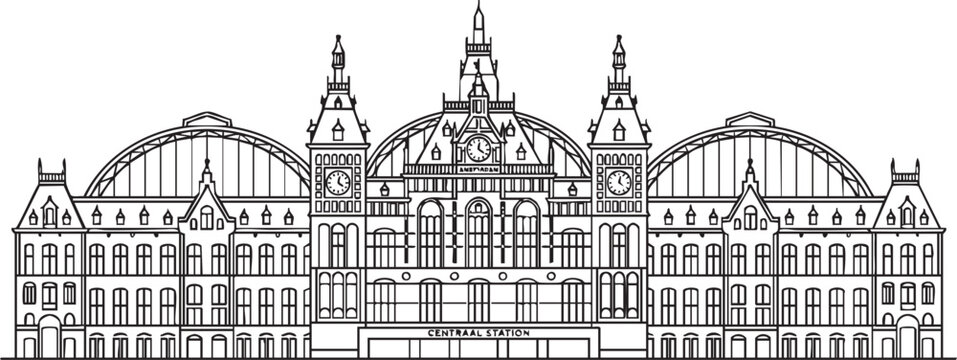 Amsterdam Central Station Architecture Illustration with Building Silhouettes