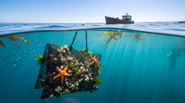 Oyster farm cage covered in starfish and barnacles below calm ocean surface