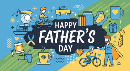 Fototapeta premium Happy Father's Day banner with illustrations of a father and son, tools, coffee, and gifts in a vibrant flat design style.
