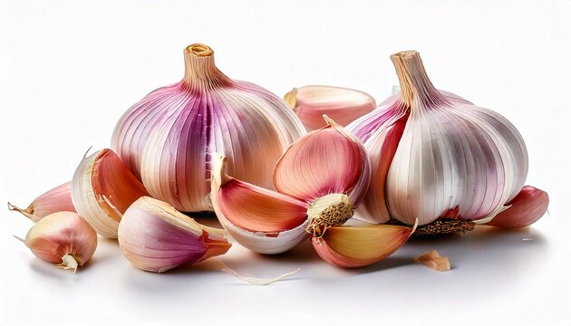 fresh whole and half cut garlic bulbs with scattered cloves showing papery skin pearly white cloves and purple striations on white background sharp focus purity and culinary potential concept