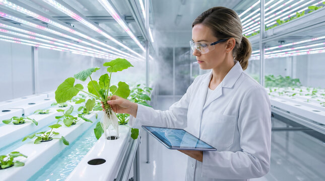 Female scientist inspecting hydroponic plant with tablet in indoor vertical farm