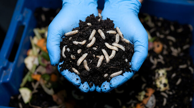 Gloved hands holding black soldier fly larvae in compost soil