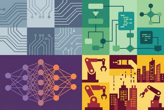 Abstract representation of advanced automation and machine learning processes featuring intricate circuit designs and robotic elements showcasing the convergence of technology and urban