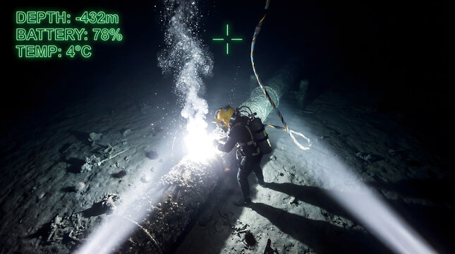 Commercial diver welding subsea pipeline at extreme depth with HUD overlay