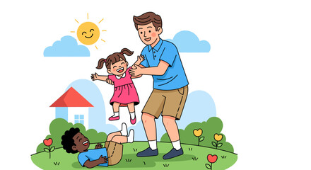 Fototapeta premium A father joyfully plays with his two children, a boy and a girl, in a sunny park with a house in the background.