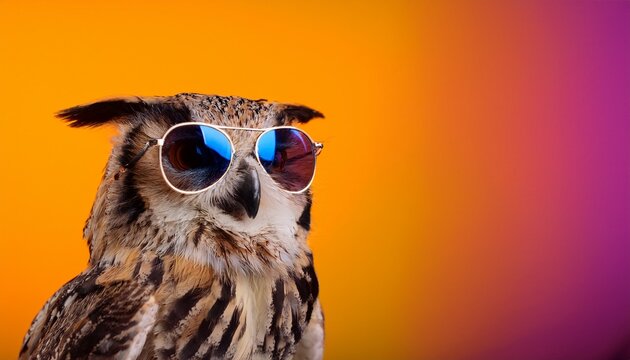 funny owl wearing sunglasses in studio with a colorful and bright background right side of the composition