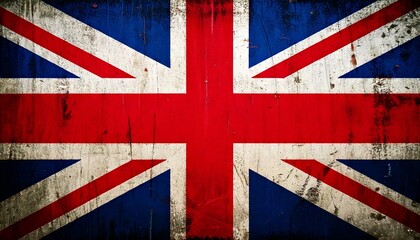 Fototapeta premium a weathered and textured union jack flag fills the frame featuring faded red white and navy blue colors with visible scratches cracks and grunge effects for a retro aged appearance