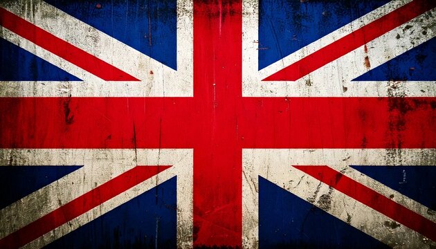 a weathered and textured union jack flag fills the frame featuring faded red white and navy blue colors with visible scratches cracks and grunge effects for a retro aged appearance