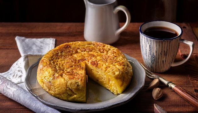 spanish omelette and coffee a rustic breakfast still life