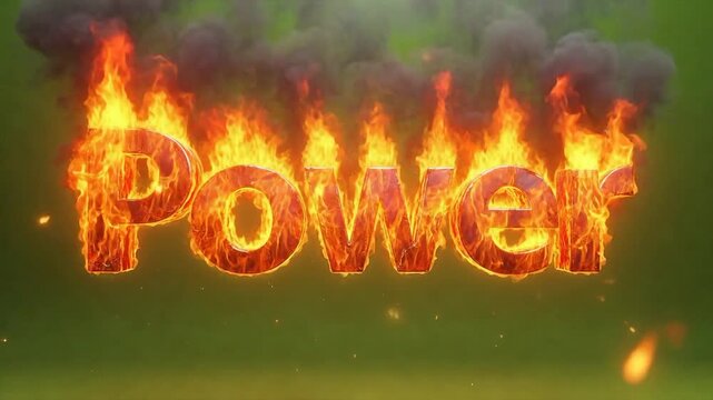 A fiery inscription spells out the word POWER, symbolizing intense energy, strength, and dominance. Fire and smoke further accentuate this burning concept.