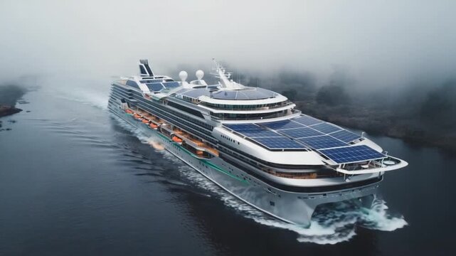 Luxury cruise ship sailing through calm foggy waters at dawn with modern design and multiple decks