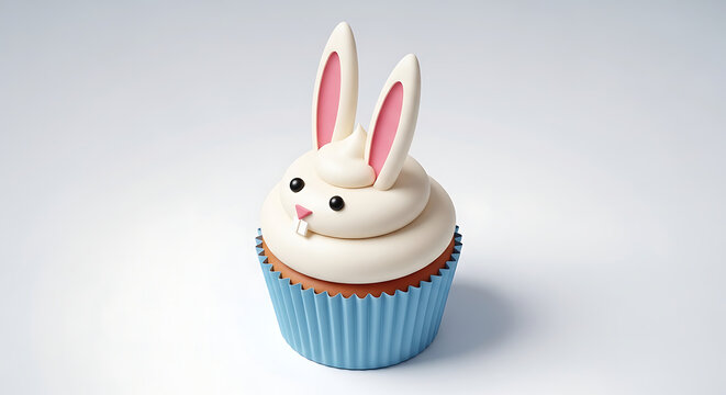 Easter bunny cupcake with white frosting, pink ears, black eyes, and tiny buck teeth on a light blue fluted wrapper, isolated on a soft gray background