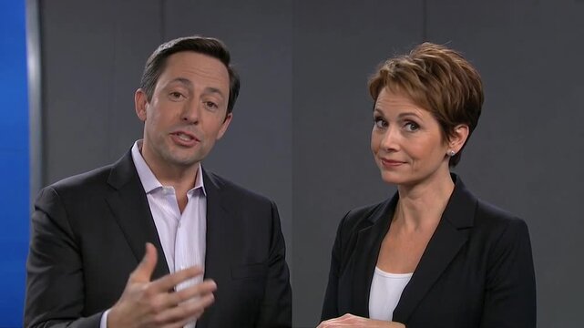 Two poised figures in formal attire converse, possibly engaged in a news-related discussion or a professional interview. Their expressions reflect alertness and readiness.