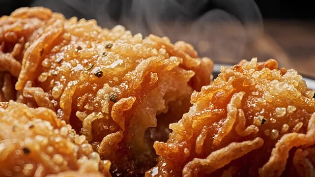 Closeup of delicious crispy fried dough pastry with sesame seeds.