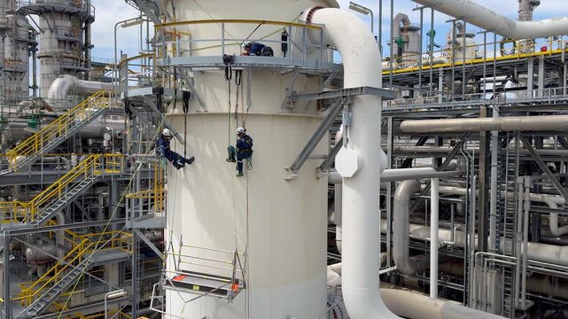 Aerial high angle shot of technicians repairing a plant in an oil or chemical refinery. Industrial rope access workers descending to grind and repair a turbine. Working at height. Rappelling, Abseilin