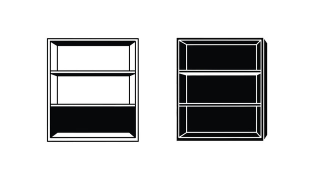 Two minimalist black and white illustrations depict empty wall mounted bookshelves offering a stark contrast and clean design silhouette high quality professional detailed modern