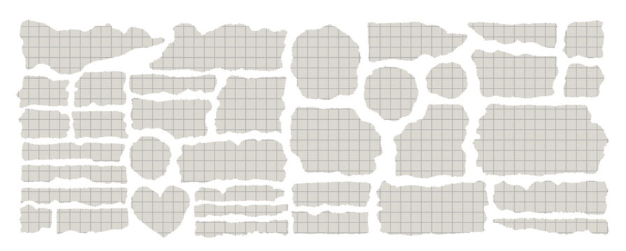 Set of torn paper pieces with grid texture, ripped edges and irregular shapes. Abstract collage elements isolated on white background, perfect for scrapbooking, design, mockups and creative projects
